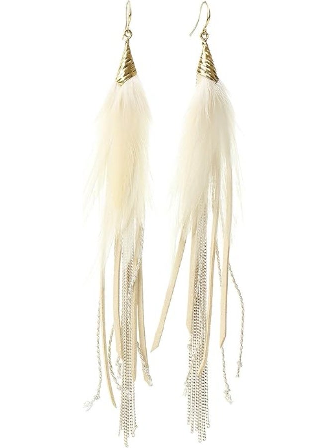 Badu Bohemian Feather Dangle Earrings for Women with Shell Beads Long Tassel Design Drop Earrings - Image 1